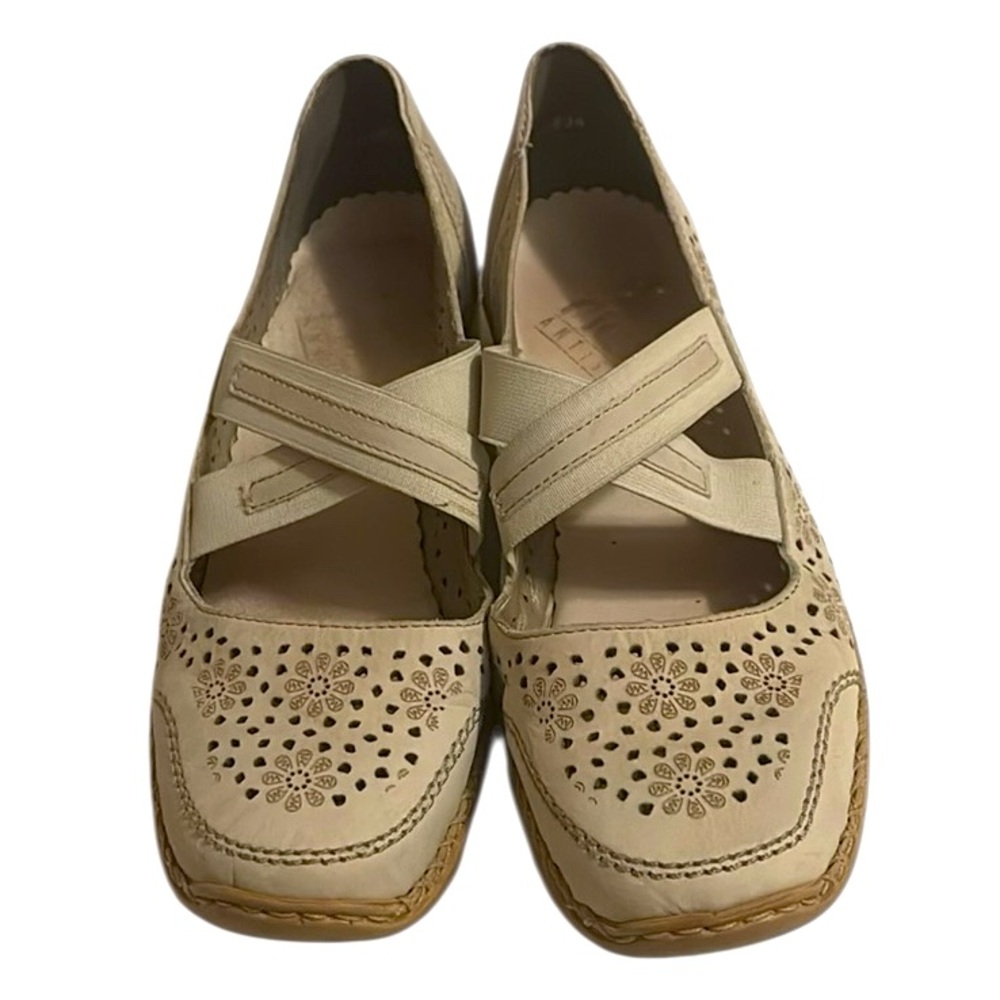 Rieker Daisy flats slip on style with elastic cross straps , size 36=5/5.5